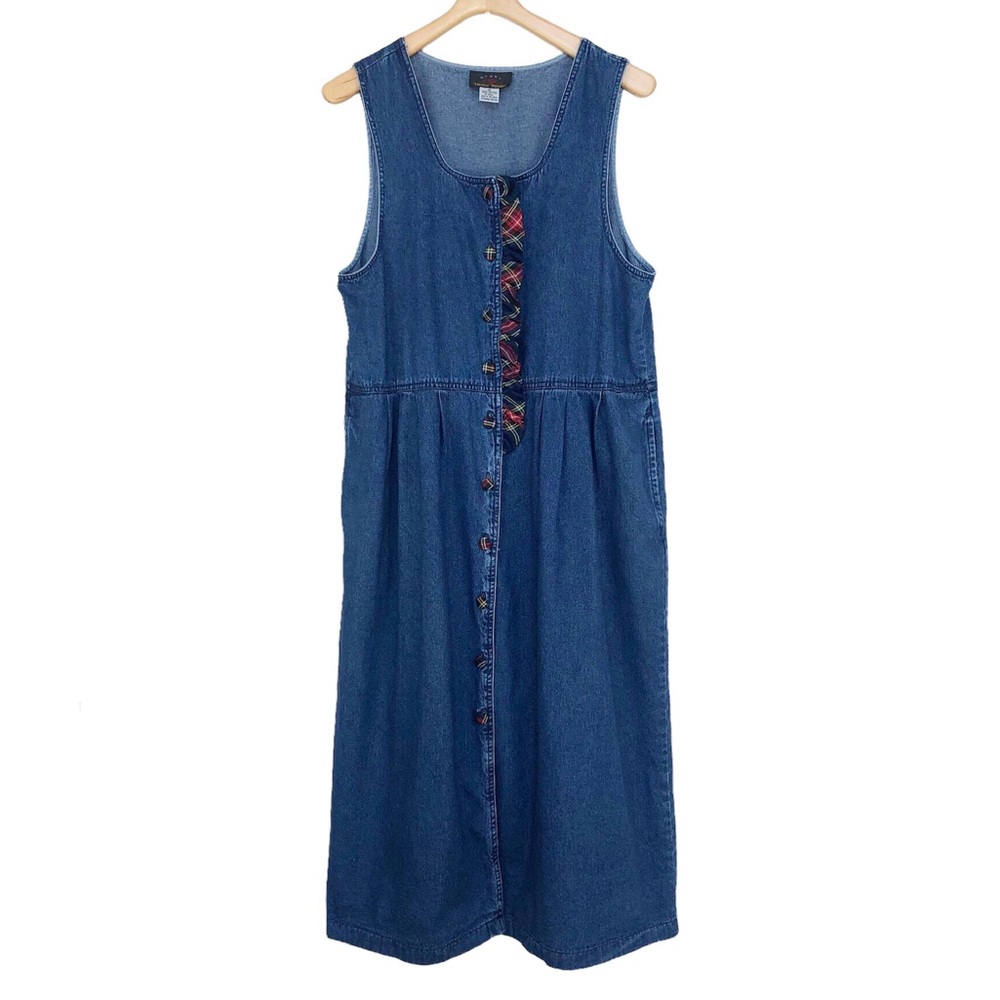 Vintage Truly Yours Long Blue Denim Sleeveless Dress Red Plaid Trim Size 14